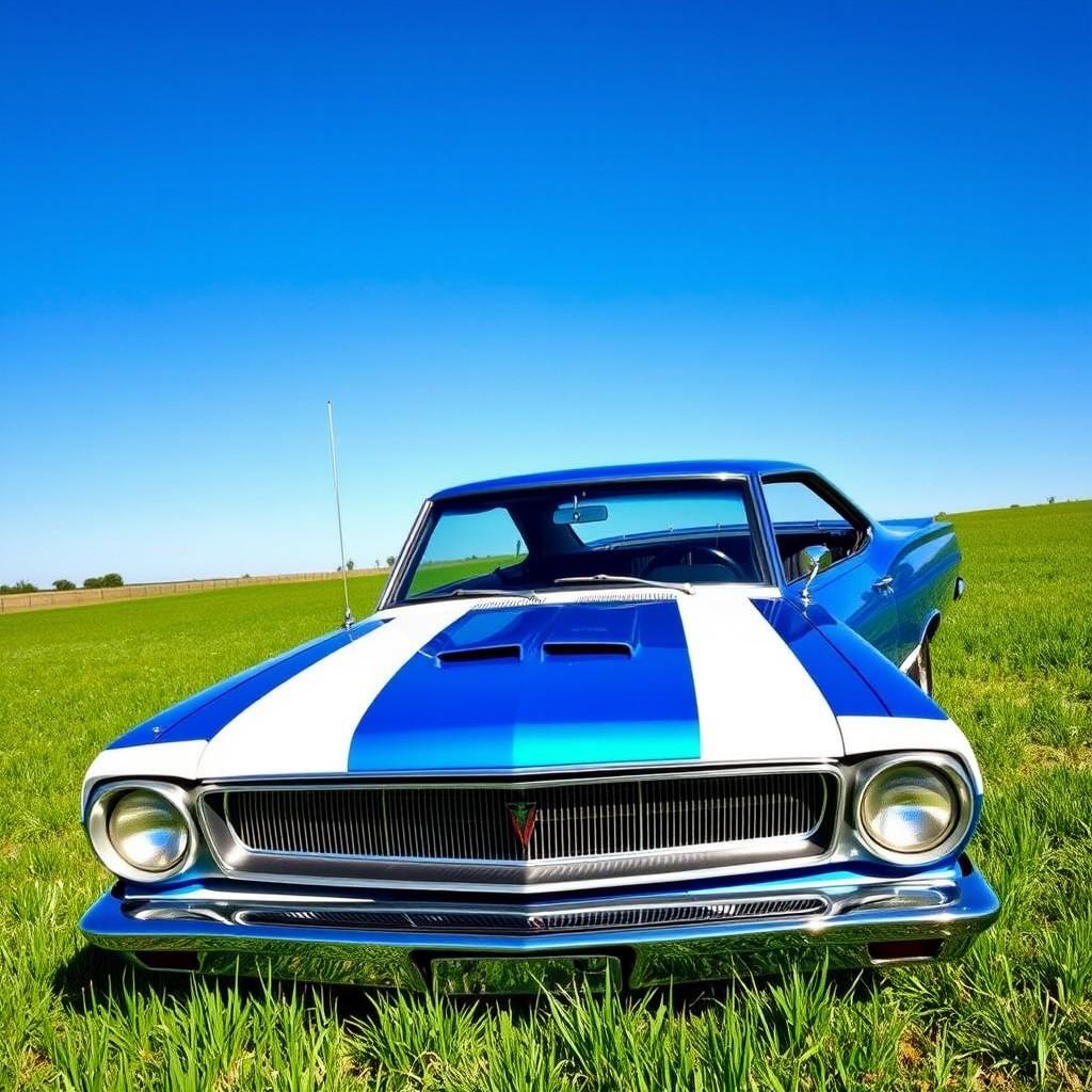 A 1965 Plymouth Barracuda in vibrant blue and white paint, adorned with an eye-catching American flag stripe design running along its sleek body