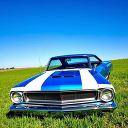 A 1965 Plymouth Barracuda in vibrant blue and white paint, adorned with an eye-catching American flag stripe design running along its sleek body