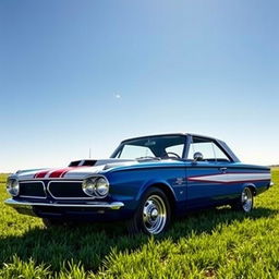 A 1965 Plymouth Barracuda in vibrant blue and white paint, adorned with an eye-catching American flag stripe design running along its sleek body