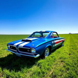 A 1965 Plymouth Barracuda in vibrant blue and white paint, adorned with an eye-catching American flag stripe design running along its sleek body