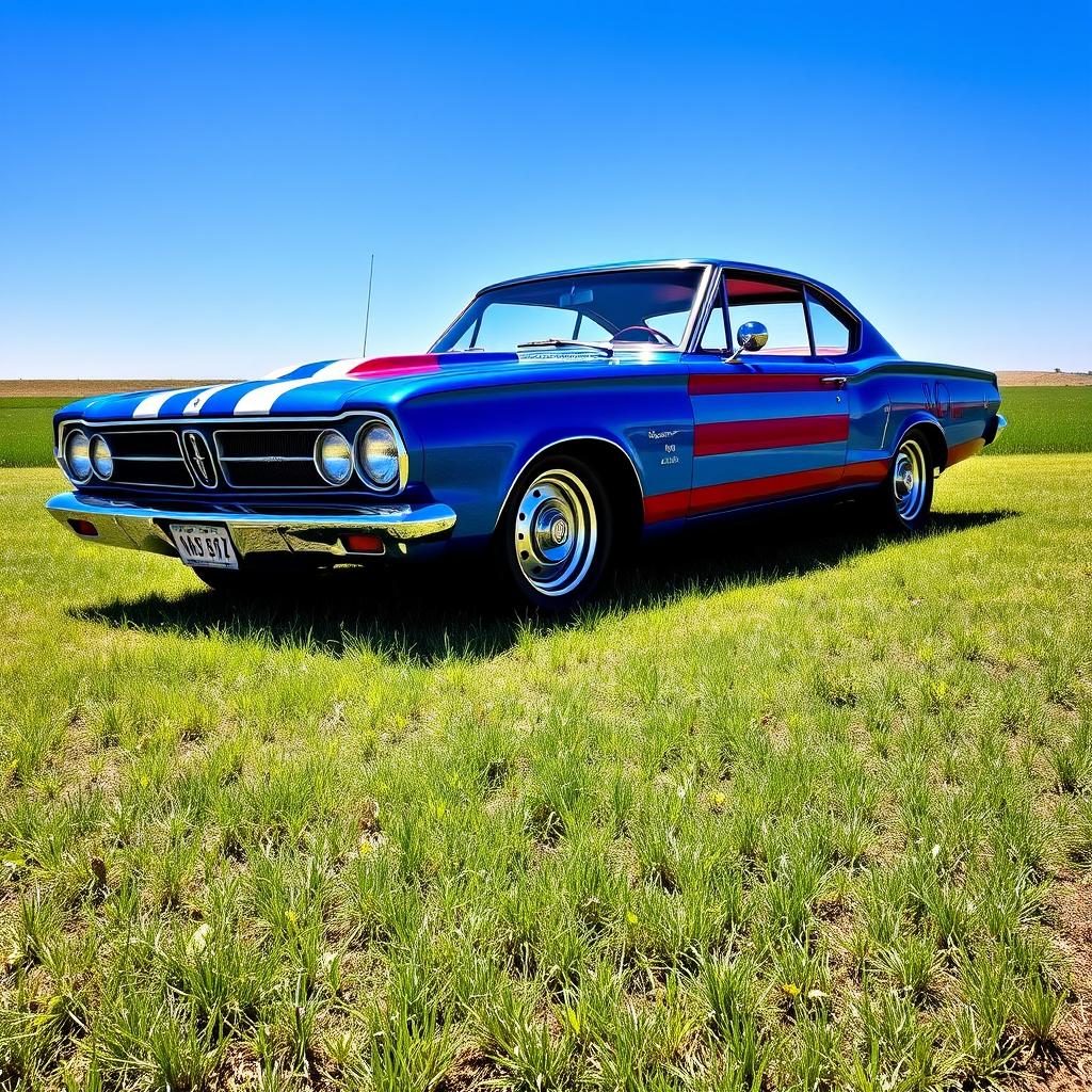 A 1965 Plymouth Barracuda in vibrant blue and white paint, adorned with an eye-catching American flag stripe design running along its sleek body