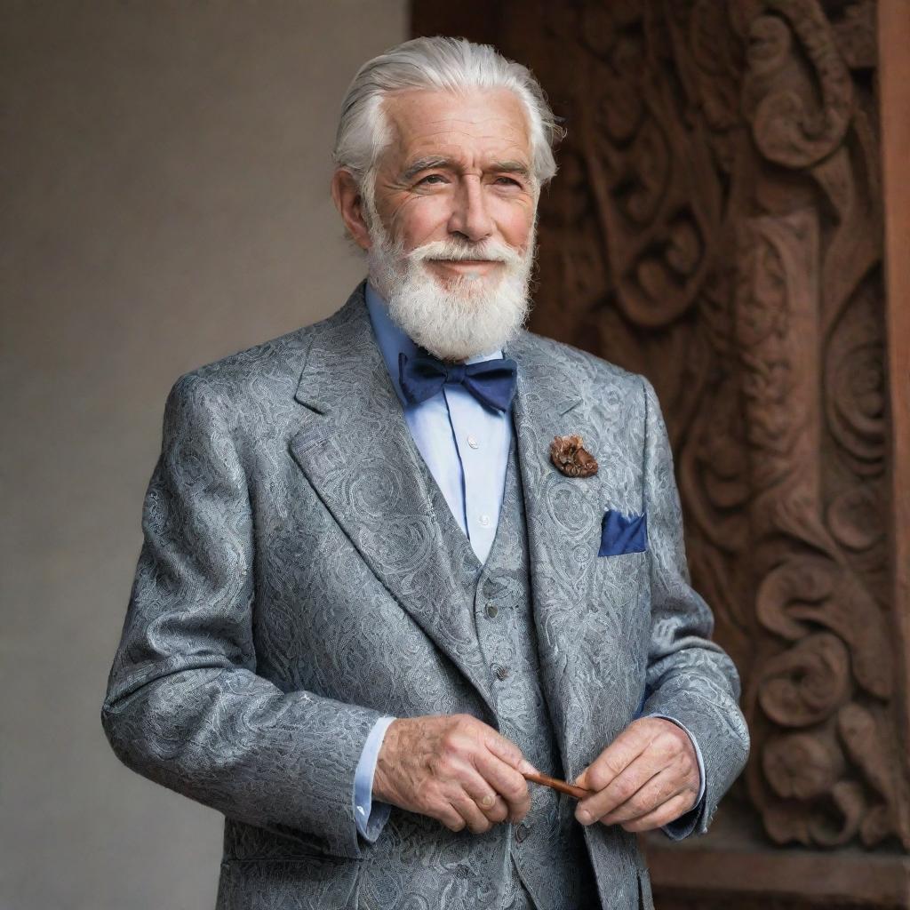 A fashionable elderly gentleman, dressed in chic, modern clothing with a sophisticated flair. He has silver hair, a neat beard, and sports a cane with intricate carvings.