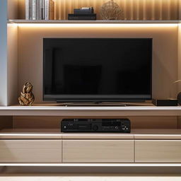 A modern TV unit, complete with shelves, drawers and neatly arranged equipment. The materials are a mix of wooden and metallic, under a well-balanced lighting.