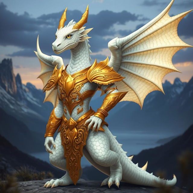 A majestic white female dragonborn standing proudly with glimmering scales and a powerful posture