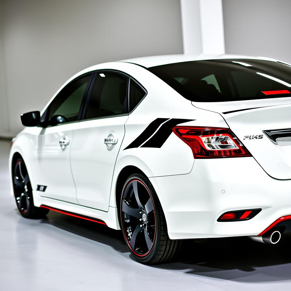 A 2016 Nissan Sentra SV in white, featuring striking red and black trim that adds a dynamic contrast to the car's exterior