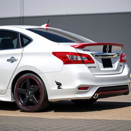 A 2016 Nissan Sentra SV in white, featuring striking red and black trim that adds a dynamic contrast to the car's exterior