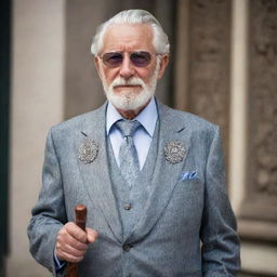 A fashionable elderly gentleman, dressed in chic, modern clothing with a sophisticated flair. He has silver hair, a neat beard, and sports a cane with intricate carvings.