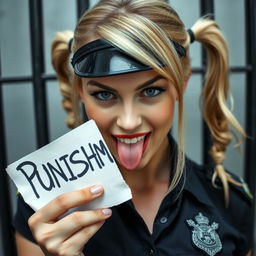 A captivating extreme close-up of a gorgeous policewoman with blonde pigtails and a large chest