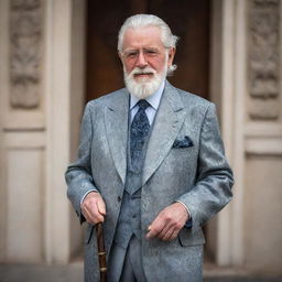 A fashionable elderly gentleman, dressed in chic, modern clothing with a sophisticated flair. He has silver hair, a neat beard, and sports a cane with intricate carvings.