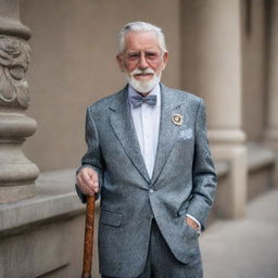 A fashionable elderly gentleman, dressed in chic, modern clothing with a sophisticated flair. He has silver hair, a neat beard, and sports a cane with intricate carvings.