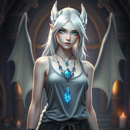 A stunning white female dragonborn with shimmering crystal blue eyes and shoulder-length white hair