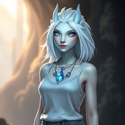 A stunning white female dragonborn with shimmering crystal blue eyes and shoulder-length white hair