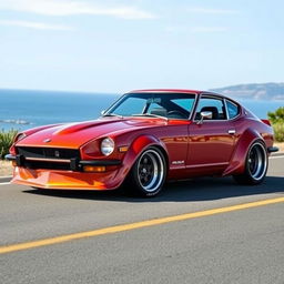 A classic 1972 Datsun 240Z with a custom wide body kit, displayed in a full car view