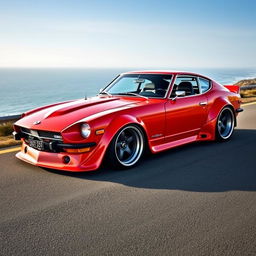 A classic 1972 Datsun 240Z with a custom wide body kit, displayed in a full car view