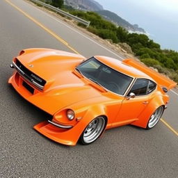 A classic 1972 Datsun 240Z with a custom wide body kit, displayed in a full car view