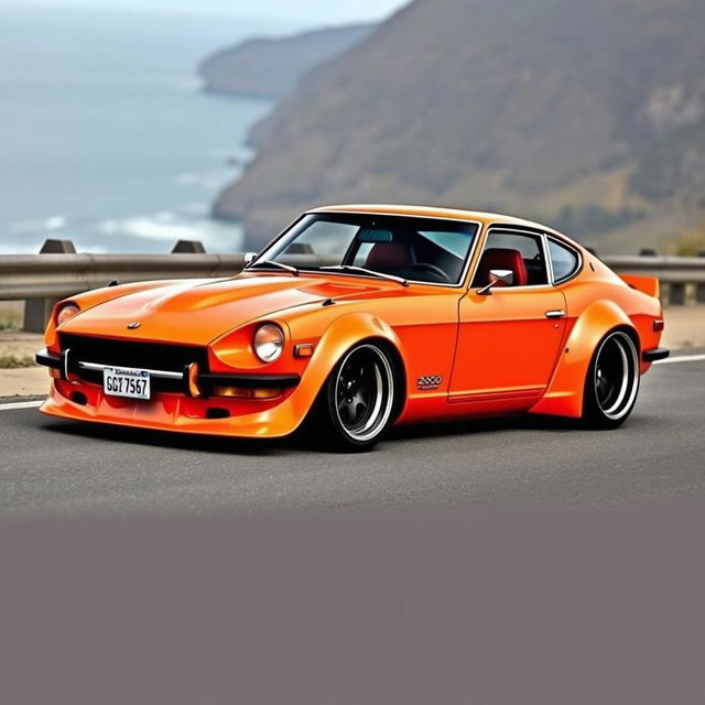 A classic 1972 Datsun 240Z with a custom wide body kit, displayed in a full car view