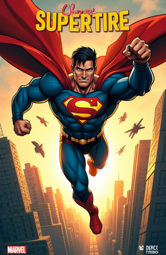 A dynamic comic book cover featuring a superhero in action, showcasing their powers with a cityscape backdrop
