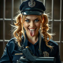 Full body, top head to bottom feet photography of a gorgeous and beautiful police officer with blonde pigtails, wearing a police cap