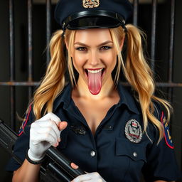 Full body, top head to bottom feet photography of a gorgeous and beautiful police officer with blonde pigtails, wearing a police cap