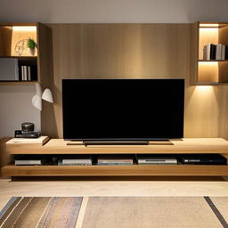 A modern TV unit, complete with shelves, drawers and neatly arranged equipment. The materials are a mix of wooden and metallic, under a well-balanced lighting.