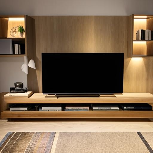 A modern TV unit, complete with shelves, drawers and neatly arranged equipment. The materials are a mix of wooden and metallic, under a well-balanced lighting.