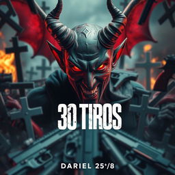 A dynamic image featuring a menacing devil in the background surrounded by numerous crosses and guns