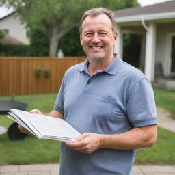 Middle-aged man with characteristics typical of a dad, like wearing casual clothes, a friendly smile, and maybe holding a BBQ utensil or a newspaper. Setting is a suburban backyard.