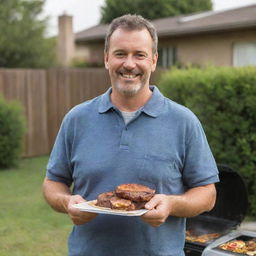 Middle-aged man with characteristics typical of a dad, like wearing casual clothes, a friendly smile, and maybe holding a BBQ utensil or a newspaper. Setting is a suburban backyard.