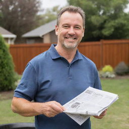 Middle-aged man with characteristics typical of a dad, like wearing casual clothes, a friendly smile, and maybe holding a BBQ utensil or a newspaper. Setting is a suburban backyard.