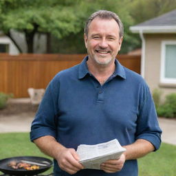 Middle-aged man with characteristics typical of a dad, like wearing casual clothes, a friendly smile, and maybe holding a BBQ utensil or a newspaper. Setting is a suburban backyard.