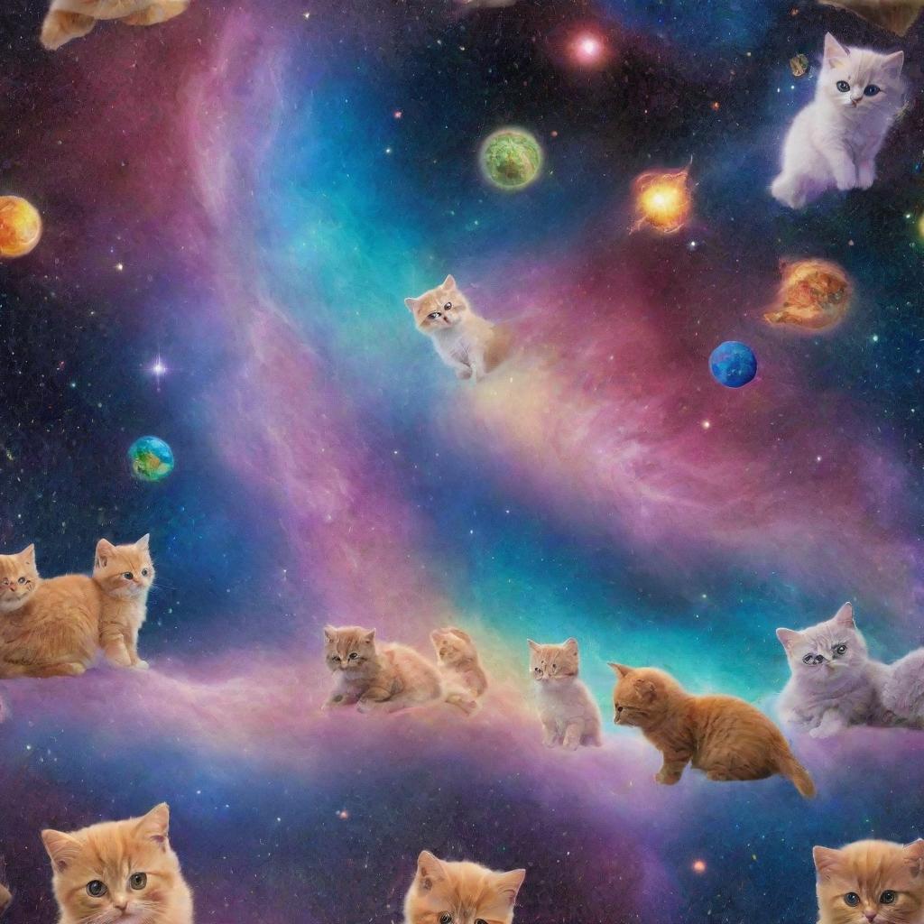 A galaxy far far away teeming with star-shaped kittens and puppy planets with swirling rainbow nebulae as a backdrop.