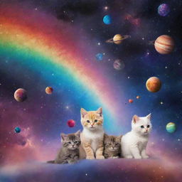 A galaxy far far away teeming with star-shaped kittens and puppy planets with swirling rainbow nebulae as a backdrop.