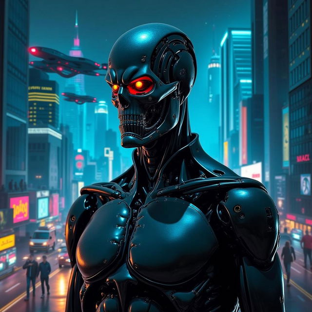 futuristic city at night, a striking character with white hair and a sharp gaze stands in the foreground, wearing a black leather trench coat, skyscrapers and neon lights in the background, hovering futuristic vehicles, cyberpunk aesthetic, intense atmosphere