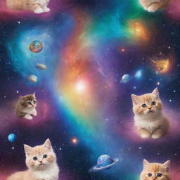 A galaxy far far away teeming with star-shaped kittens and puppy planets with swirling rainbow nebulae as a backdrop.