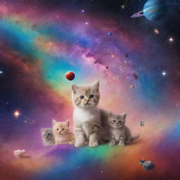 A galaxy far far away teeming with star-shaped kittens and puppy planets with swirling rainbow nebulae as a backdrop.