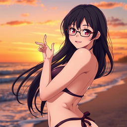 A beautiful and confident anime girl with dark hair and stylish glasses, posing in a suggestive manner