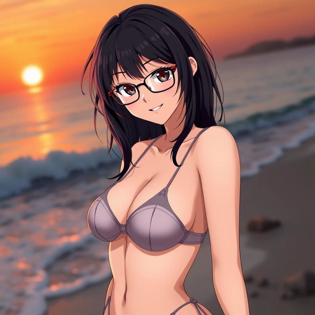 A beautiful and confident anime girl with dark hair and stylish glasses, posing in a suggestive manner