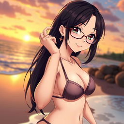 A beautiful and confident anime girl with dark hair and stylish glasses, posing in a suggestive manner