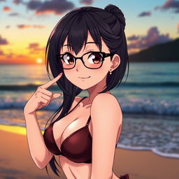 A beautiful and confident anime girl with dark hair and stylish glasses, posing in a suggestive manner