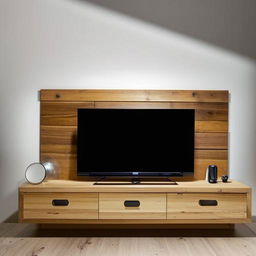 A modern TV unit, complete with shelves, drawers and neatly arranged equipment. The materials are a mix of wooden and metallic, under a well-balanced lighting.