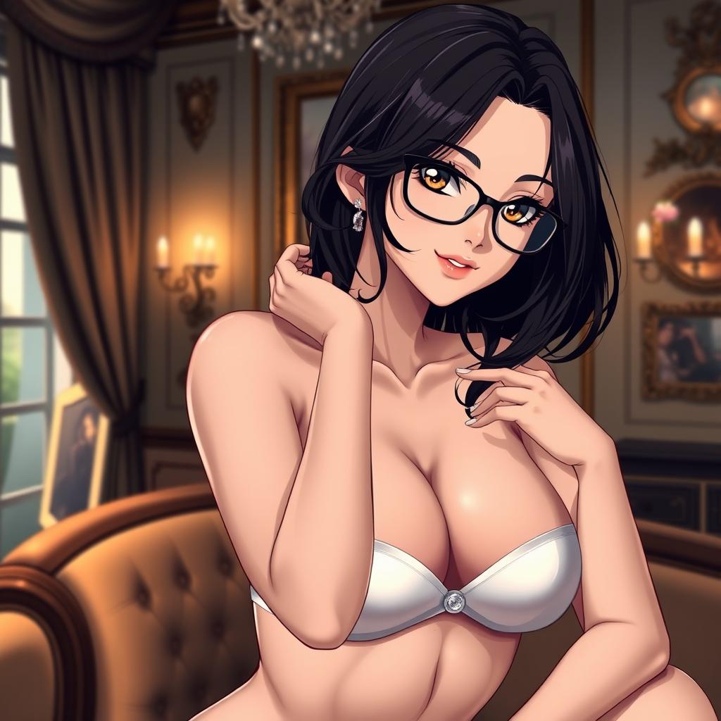 A stunning and alluring anime girl with dark hair and stylish glasses, posing in a confident and seductive manner