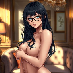 A stunning and alluring anime girl with dark hair and stylish glasses, posing in a confident and seductive manner