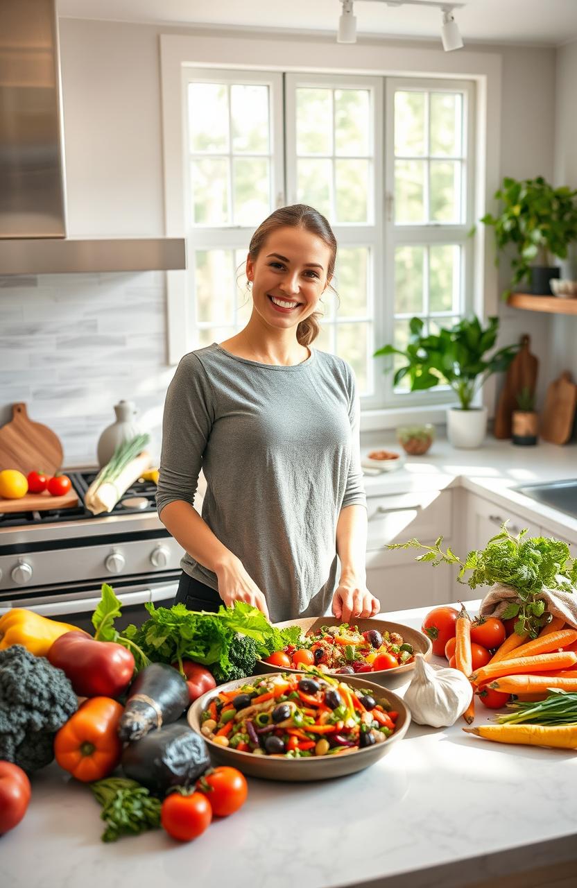 A determined, confident woman standing in a beautiful kitchen, surrounded by a variety of colorful, fresh vegetables, cooking a delicious ketogenic meal