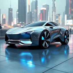 A futuristic electric vehicle concept in a sleek, metallic silver finish with glistening details