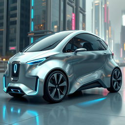 A futuristic electric vehicle concept in a sleek, metallic silver finish with glistening details