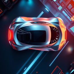 An aerial view capturing a futuristic electric vehicle concept, showcased from a top-angle perspective, emphasizing its aerodynamic design and sleek contours