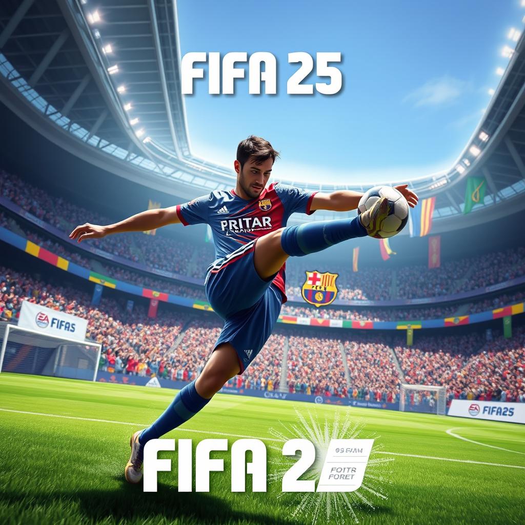 A detailed cover art concept for FIFA 25, featuring a dynamic action scene of a football match in a state-of-the-art stadium