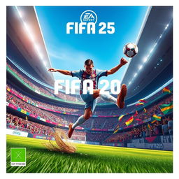 A detailed cover art concept for FIFA 25, featuring a dynamic action scene of a football match in a state-of-the-art stadium