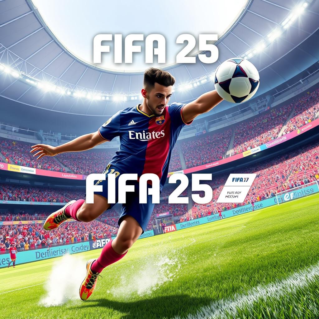 A detailed cover art concept for FIFA 25, featuring a dynamic action scene of a football match in a state-of-the-art stadium