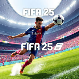 A detailed cover art concept for FIFA 25, featuring a dynamic action scene of a football match in a state-of-the-art stadium